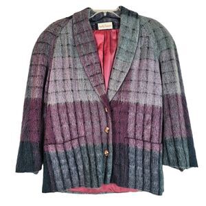 Vintage Fuzzy Ombre Wool Blazer Jacket Purple 6